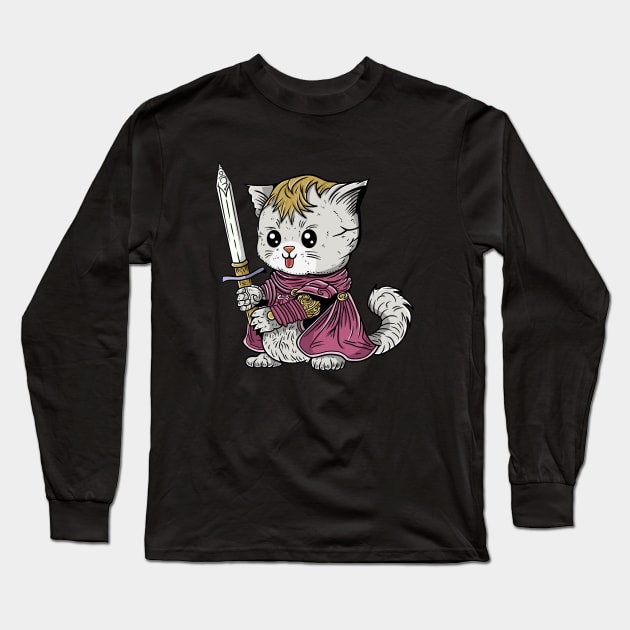 Cute Cat Warrior With Giant Sword Weapon and Red Hood Long Sleeve T-Shirt by eijainspire